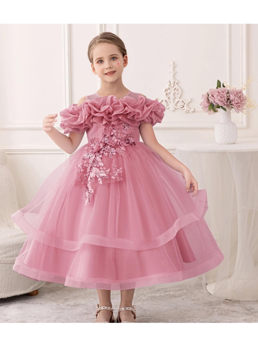 Dusty Pink Ruffled Tulle Flower Girl Dress
